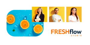 FRESHFlow bränd, inimesed, logo ja apelsinid