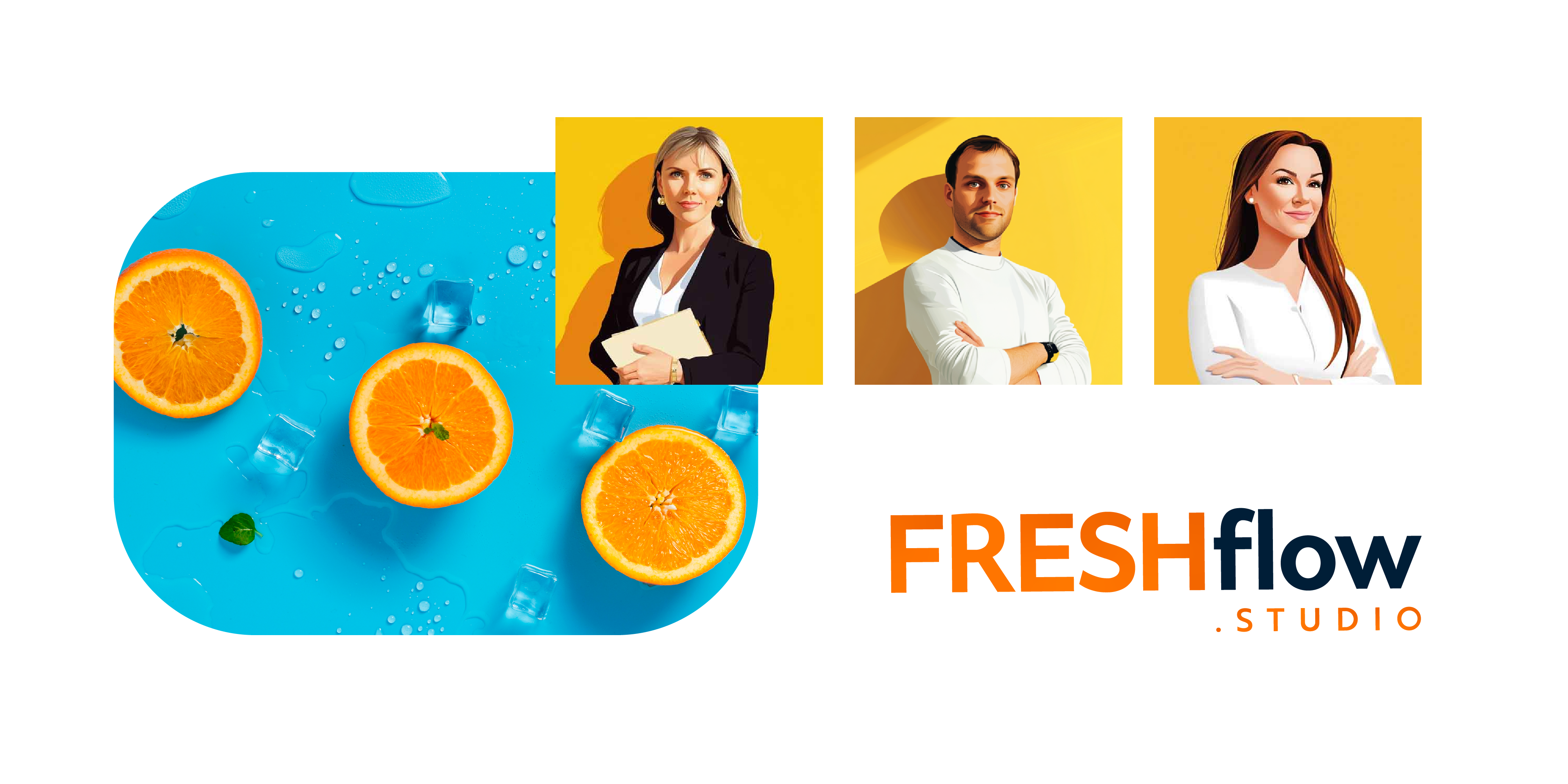 FRESHFlow bränd, inimesed, logo ja apelsinid