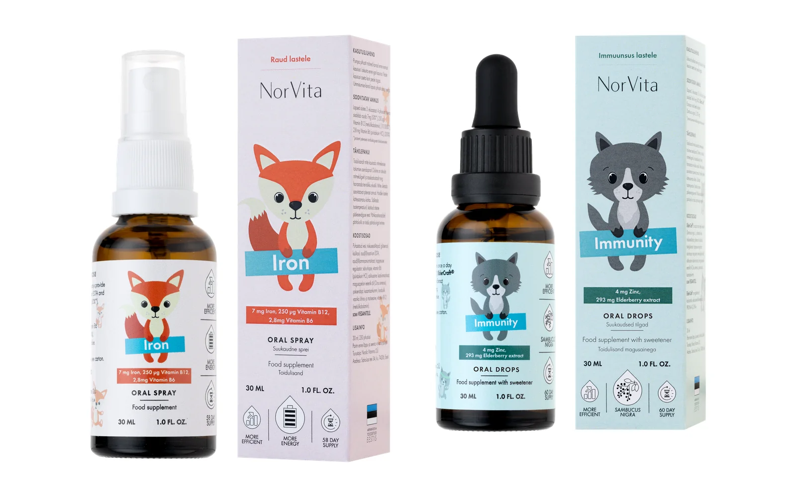 NorVita lasteliini pakendid – rebasega Iron ja hundiga Immunity