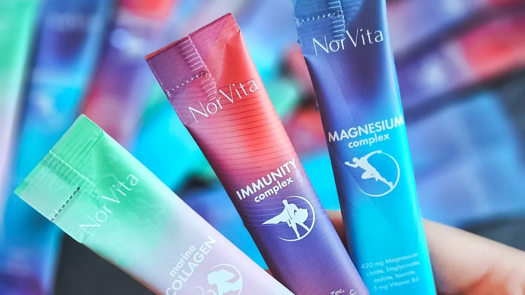 NorVita liposoomsete stick-toodete pakendid – Immunity, Magnesium ja Collagen ühtses pakendisüsteemis, igal tootel oma värv ja ikoon