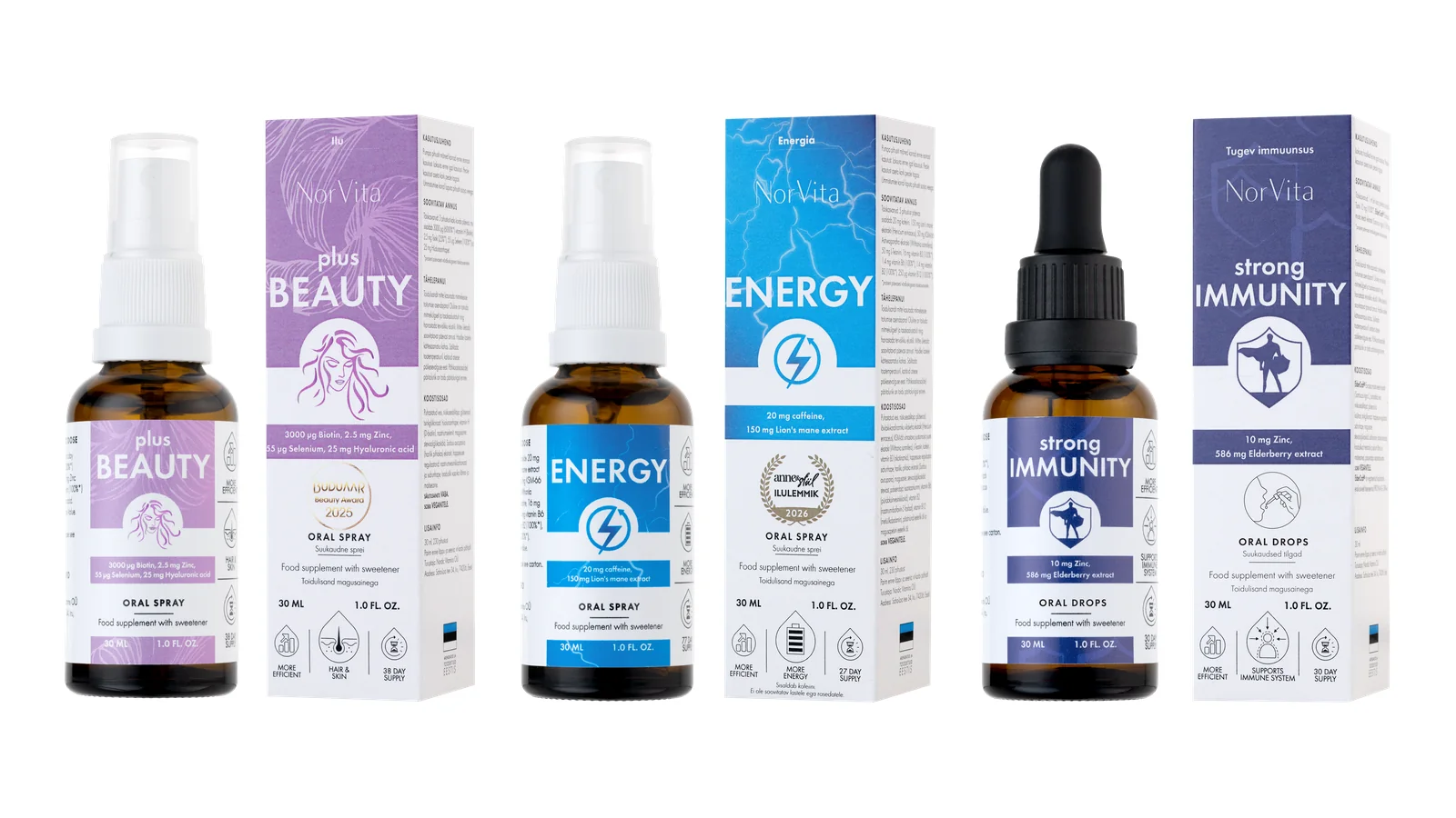 NorVita 30 ml suusprei- ja tilgapudelite pakendid – Beauty, Energy ja Strong Immunity