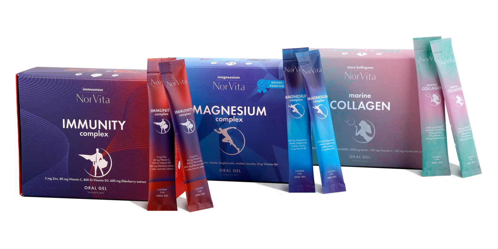 NorVita liposoomsete stick-toodete sari – Immunity, Magnesium ja Marine Collagen karbid koos stick-pakenditega